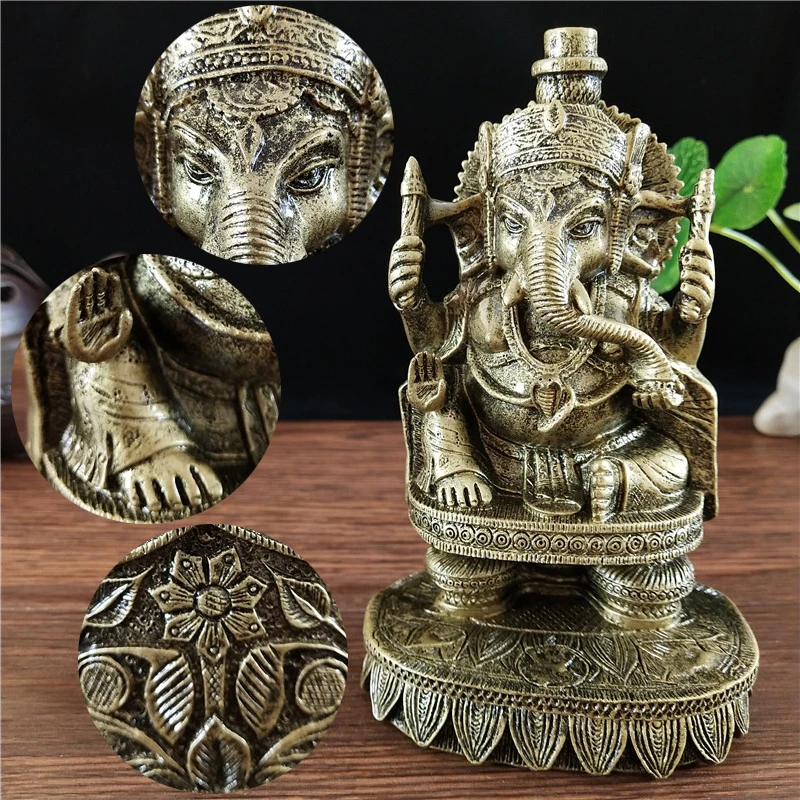 Bronze Color Ganesha Statue Sculpture Big Resin Ornaments Hindu Elephant God Buddha Statues Lucky Gifts Figurine Home Decoration