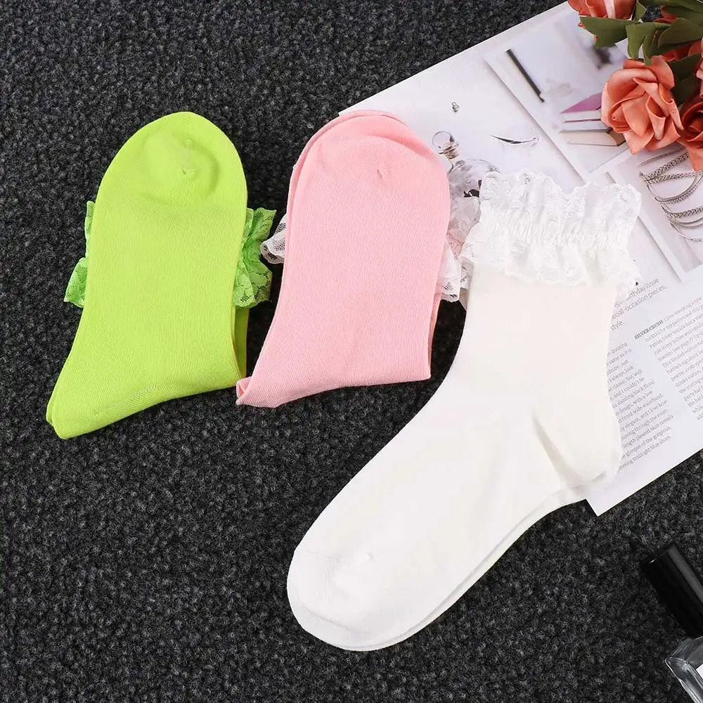 Fashion Women Vintage  Lace Ruffle Frilly Ankle Socks Ladies Princess Girl Soild Color Cotton Socks 6 Color Available Harajuku