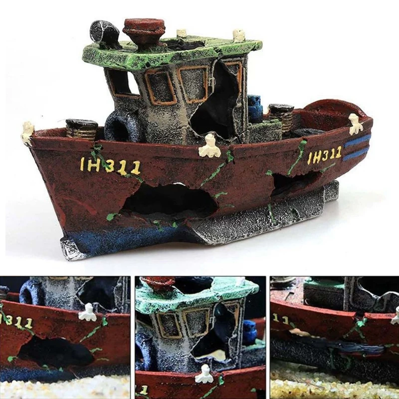 Fishing Boat Shipwreck Shelter Fish Tank Landscaping Ornament Simulation Crafts Aquarium Decorations Fish Hiding Place Decor