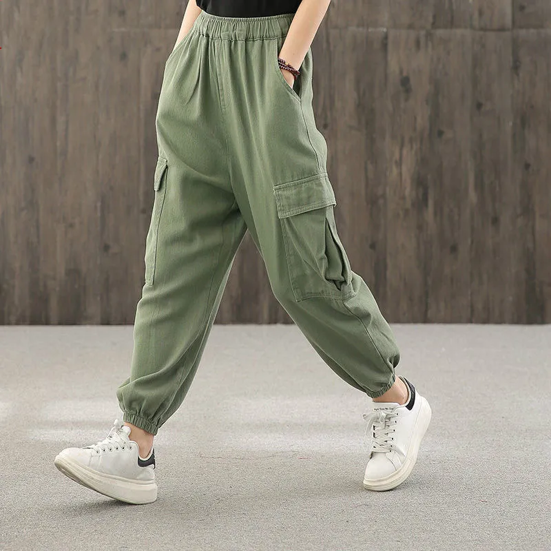 Autumn Women's Cargo Pants Large Pocket Pleated Elastic Waist Women Drape Ankle Banded Slacks Harem Pants Black Khaki Bloomers