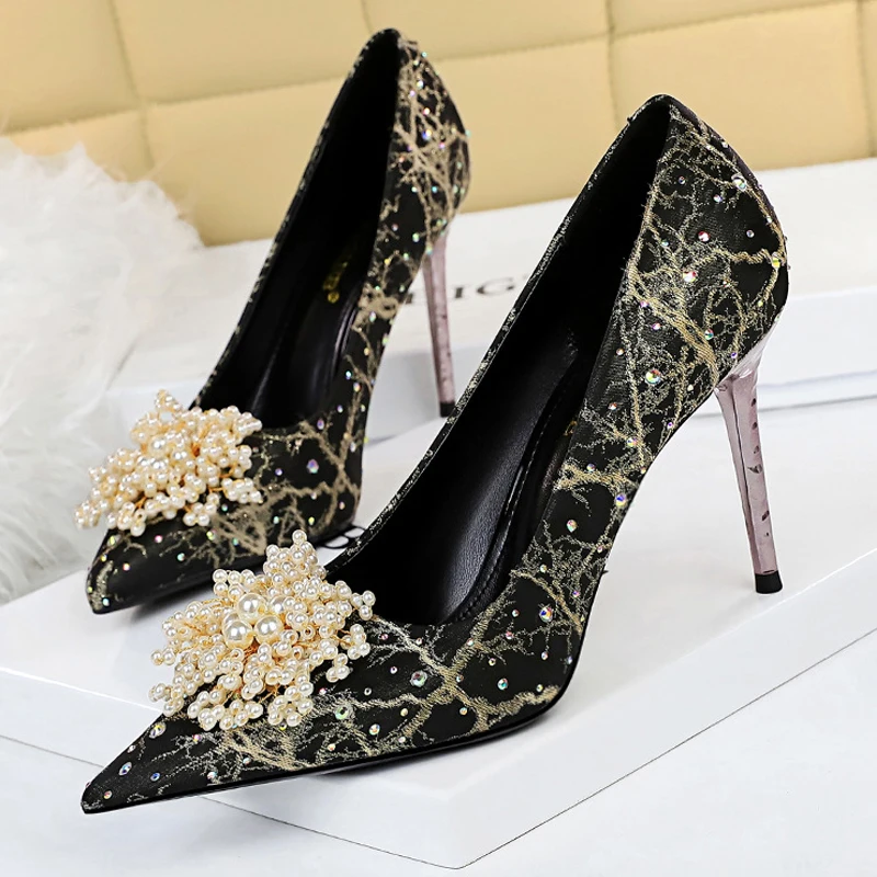 BIGTREE Shoes Pearl Flowers Woman Pumps Rhinestone High Heels 2023 New Luxurious Women Heels Stiletto Large Size Ladies Pumps