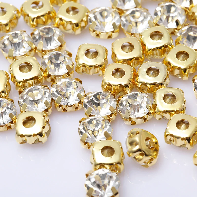 RESEN Top Quality 3-10mm Crystal Glass Sew On Rhinestones With Gold Claw White Color Gold Base Sewing Stones DIY Decoration