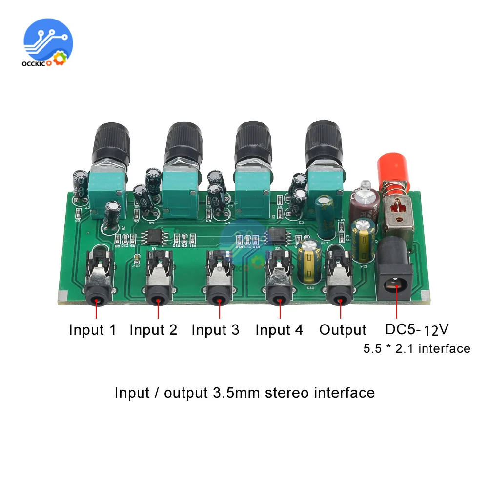 AU-401 DC 5V-12V สเตอริโอมิกเซอร์4อินพุต1เอาต์พุตแยกควบคุมบอร์ดเสียงผสม DIY แอมป์หูฟัง