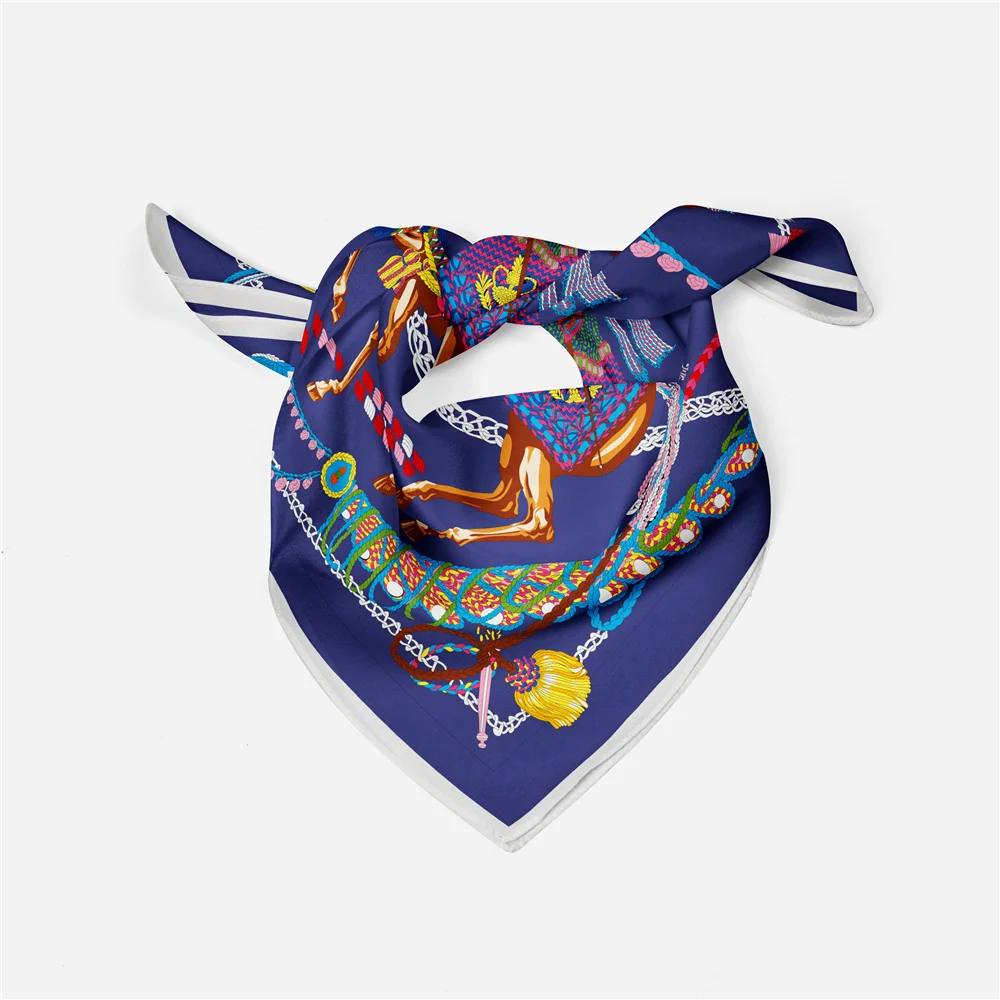 Twill Silk Scarf Woman Tassel Horse Print Square Scarves Wraps Bandana Small Hijab Silk Foulards Lady Tie Headband Neckerchief