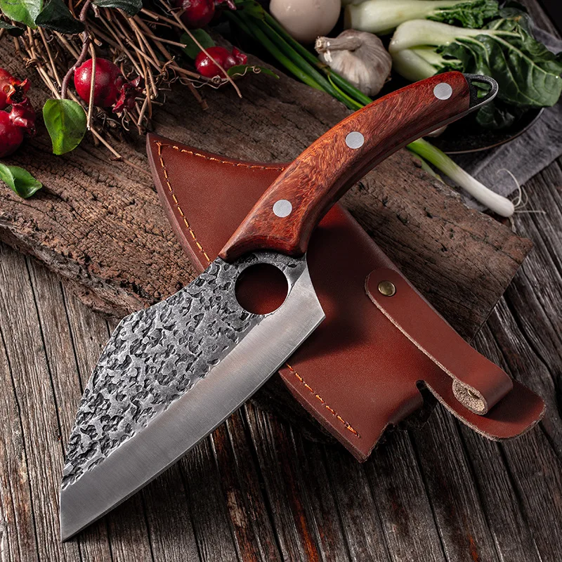 Stainless Steel Hammer Pattern Chef Knife Butcher Meat Boning Knife with Solid Wood Handle Kitchen Cutting Cooking Tools