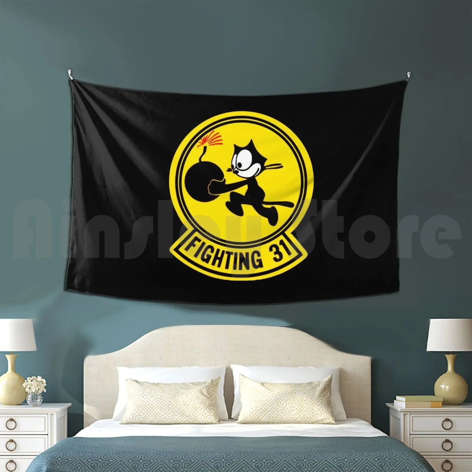 Fighting 31-Tomcatters Tapestry Living Room Bedroom Carrier Aviator F 14 F A 18 Felix Felix Cat Fighting 31 Hornet Logo Naval