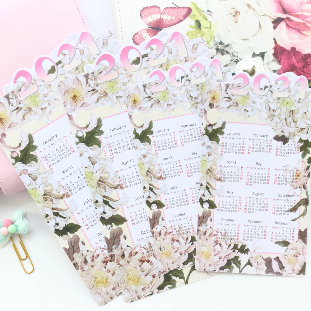 Domikee Desainer Asli 2021 Tahun Kalender 6 Lubang Kertas Index Divider untuk Loose-Leaf Binder Perencana Spiral Notebook A6A5