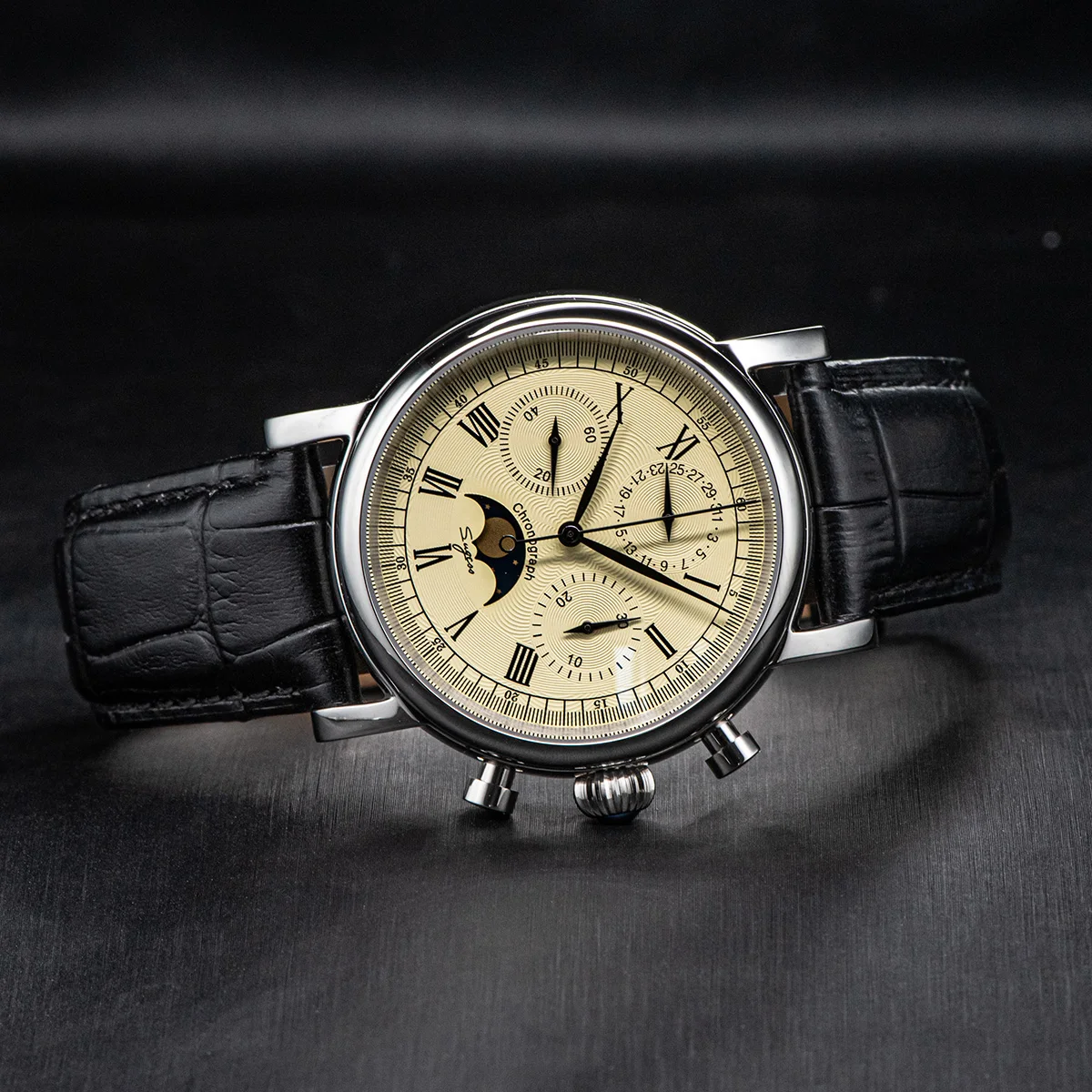 Sugess Pilot Chronograph Mechanical Watches Men Waterproof Original ST1908 Movement Moon Phase Calendar Wristwatch Swanneck 2022