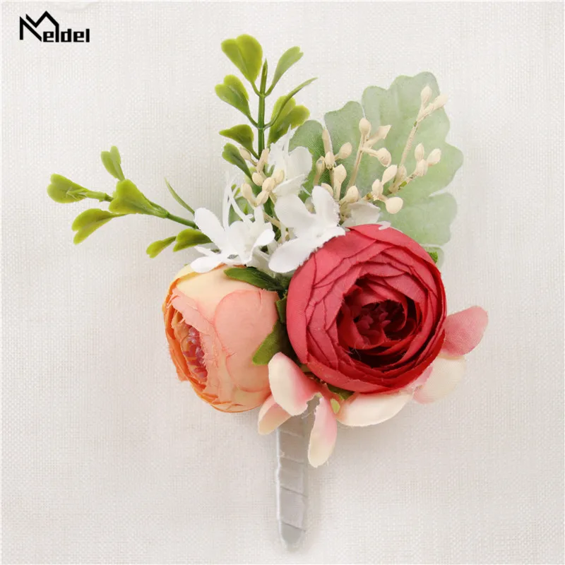 Meldel Pernikahan Groom Boutonniere Sutra Roses Pengiring Pengantin Pergelangan Tangan Gelang Korsase Aksesoris Bunga Pernikahan Prom Perapi Dekorasi