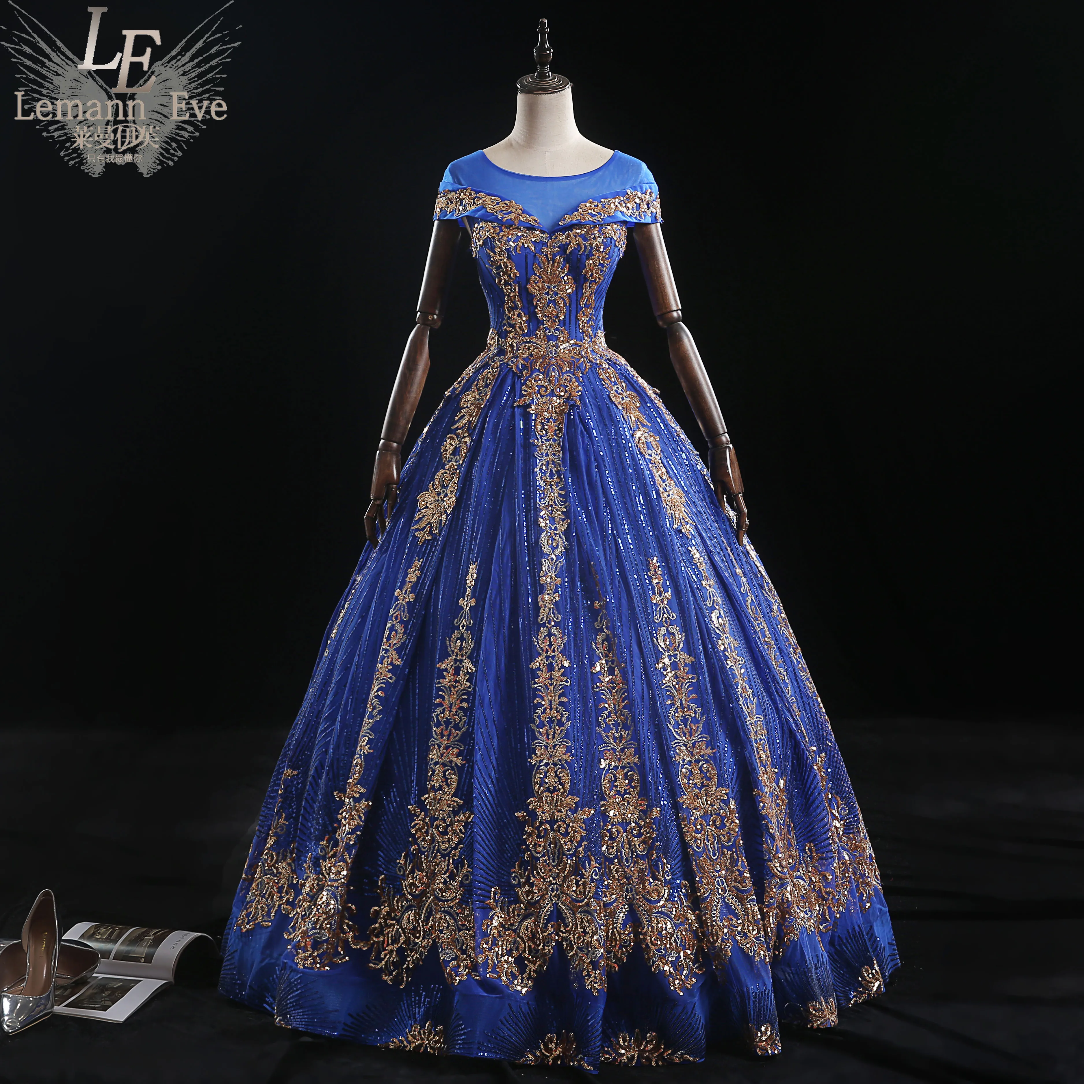 Royal blue golden เย็บปักถักร้อย rococo ball ชุดราตรียาว vintage ยุคกลางชุด Renaissance princess Victoria ชุด