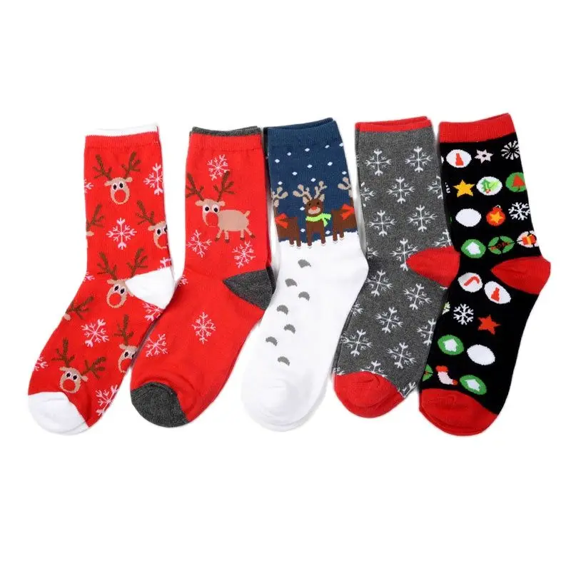 5 Pairs Men Women Cotton Cartoon Christmas Socks Gift Tree Cute Santa Claus Elk Snow Funny Sock Happy Winter Harajuku New Year