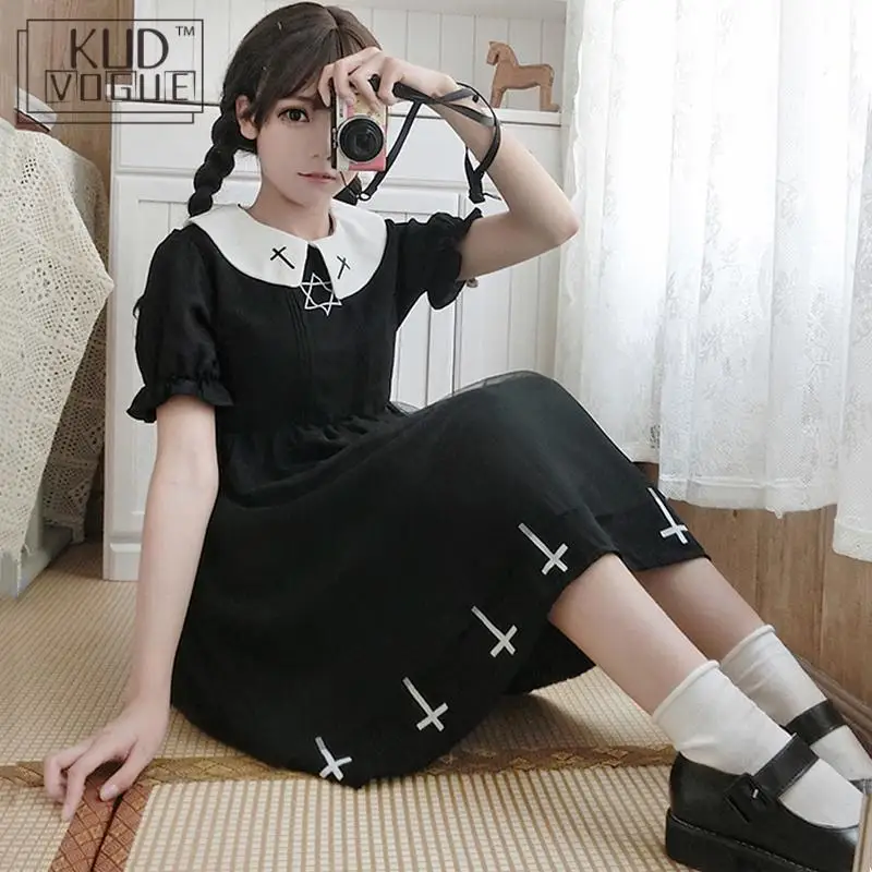 Summer Women Gothic Lolita OP Dresses Sweet Girls White Hexagram Cross Print Short Long Sleeve Black Tulle Cosplay Party Clothes