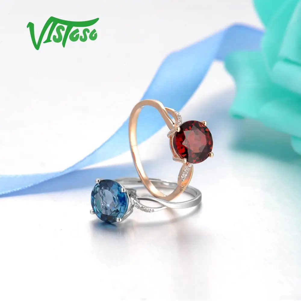 VISTOSO Gold Ring For Women Genuine 14K Gold Ring Sparkling Diamond London Blue Topaz Garnet Wedding Anniversary Fine Jewelry