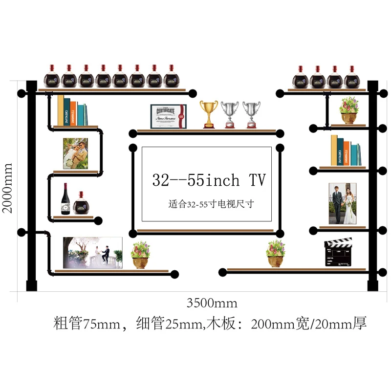 

High-end Multy-layer Pine Wood And Iron Pipe TV wall shelf Wine Rack Antique Design Bookshelf Audio cabinet