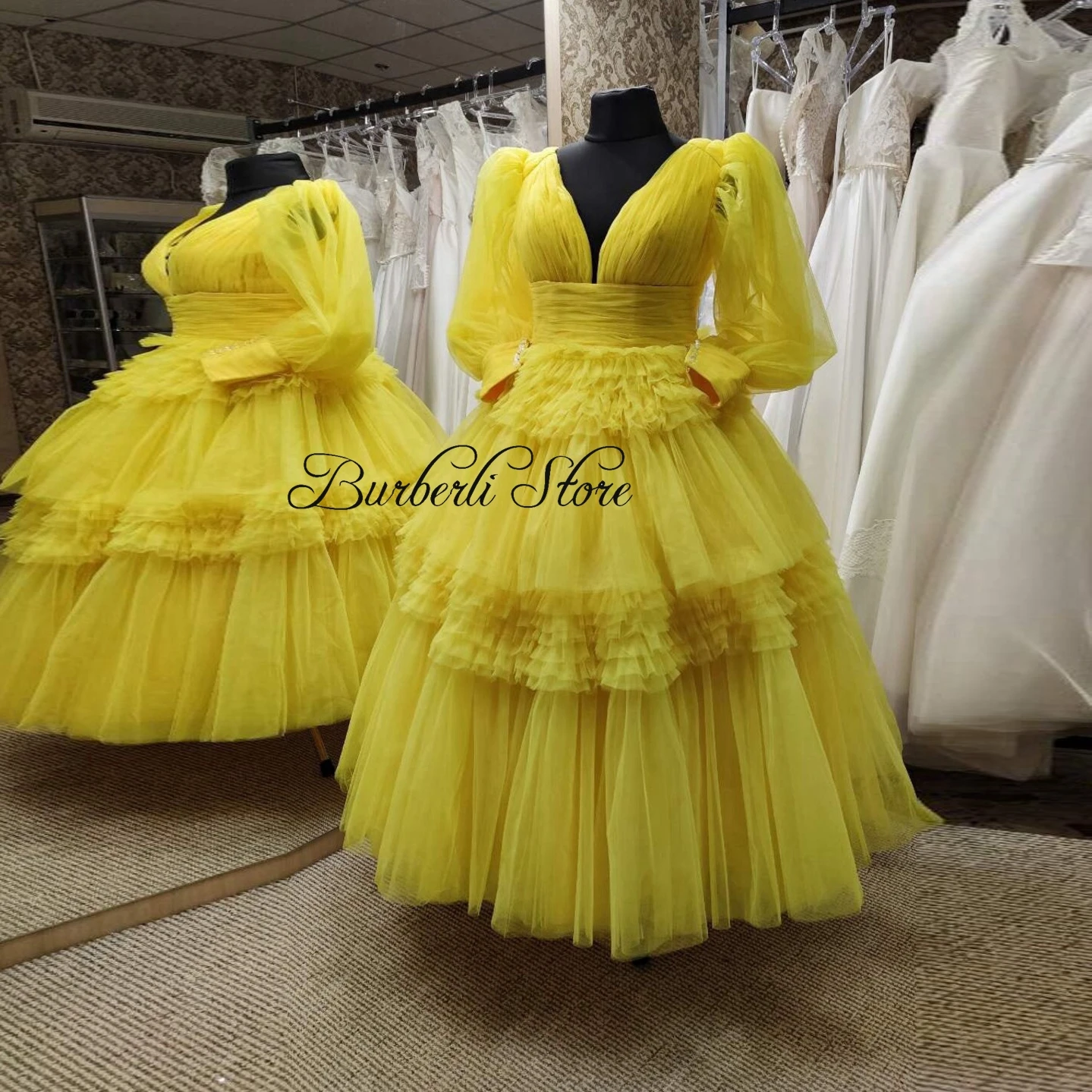 Real Image Puffy Yellow Tulle Ball Gowns Mid-Calf Elegant Ruffles Tiered Women Dress To Birthday Party V-neck Puff Long Sleeves