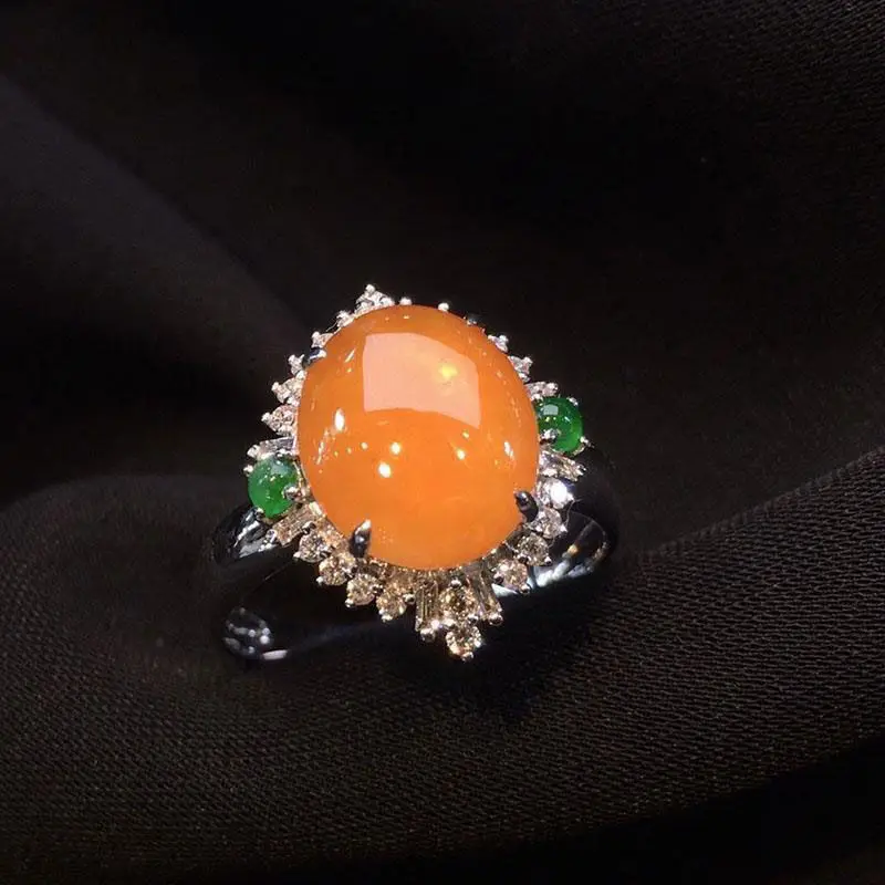 Creative design silver inlaid crystal natural orange yellow chalcedony large egg surface ladies ring gorgeous luxury jewelry