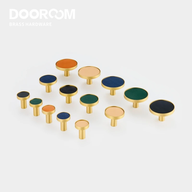 Dooroom Brass Leather Furniture Handles Light Luxury Round Pulls Cupboard Wardrobe Dresser Shoe Box Drawer Cabinet Knobs 