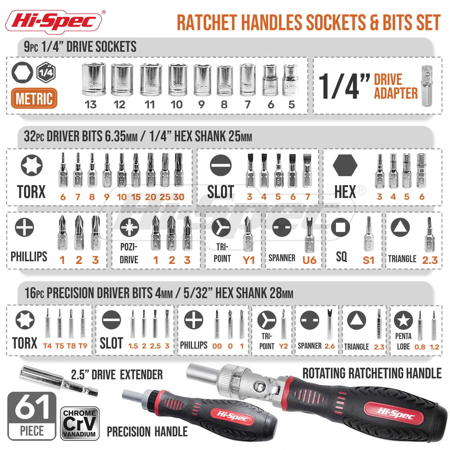 Hi-Spec 61PCS Ratchet Screwdriver Bit Set 1/4 180 Degree Adjustable Screwdriver Handle Universal Wrench Socket Hand Tool in Case