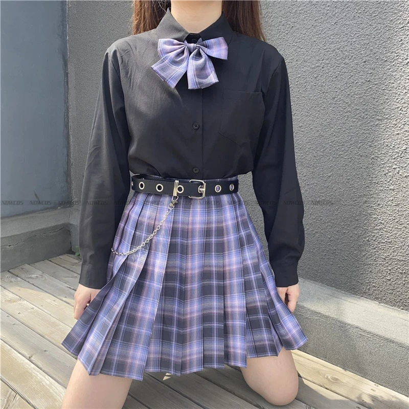 202 anWORK-Jupes plissées à carreaux taille haute pour filles, manches longues et courtes, uniforme scolaire JK, vêtements d'anime, Stundent Lady, noir, romantique