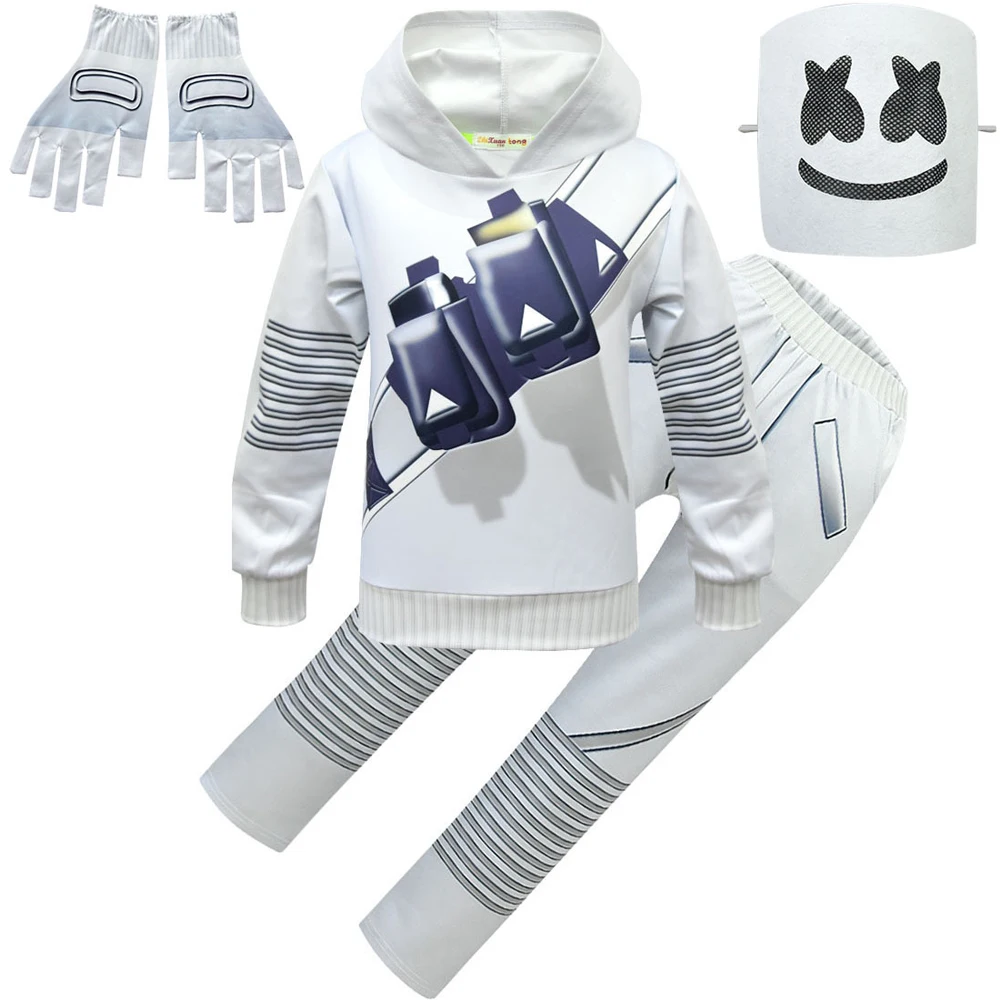 Halloween anak-anak populer DJ musik Marshmelloing Cosplay kostum Karnaval dengan masker anak laki-laki perempuan hoodie + celana + sarung tangan pakaian pesta