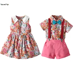 Fashion Baby Kids Clothing Sets Short Sleeve Bowtie Shirt+Suspender Shorts, Princess Dress, Brother and Sister Matching Outfits