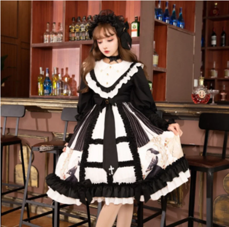 

kawaii girl Gothic palace sweet lolita dress vintage falbala o-neck bowknot printing victorian dress lolita op loli cos