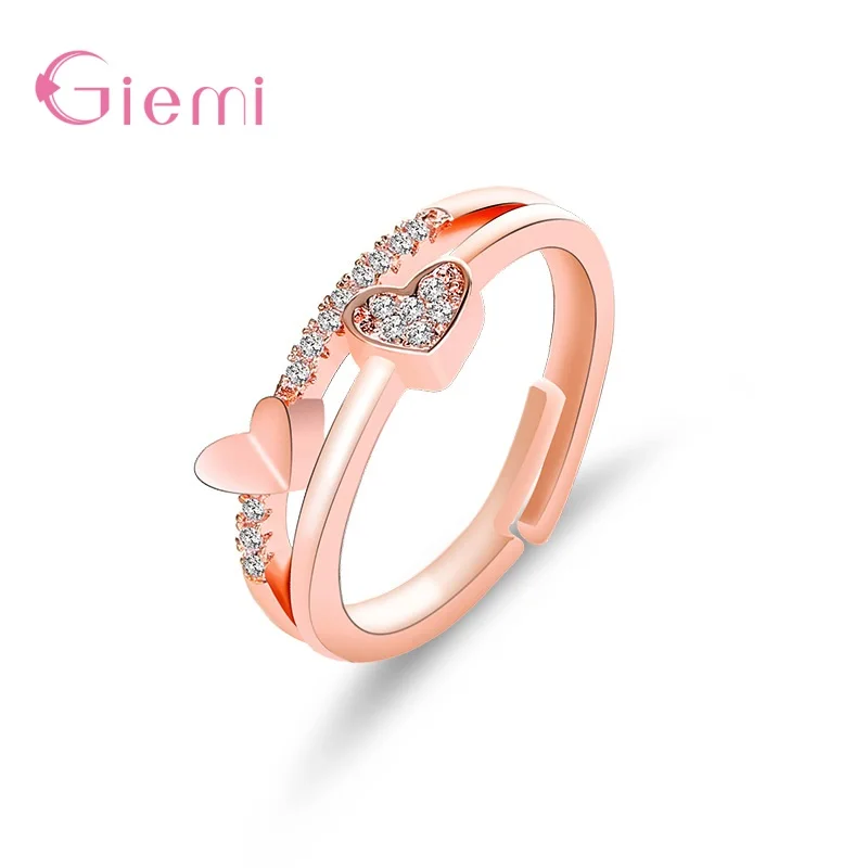 New Creative Two Hearts Zircon 925 Silver Needle Temperament Rings For Women Anel Jewelry Anillos Christmas Jewellery Gifts