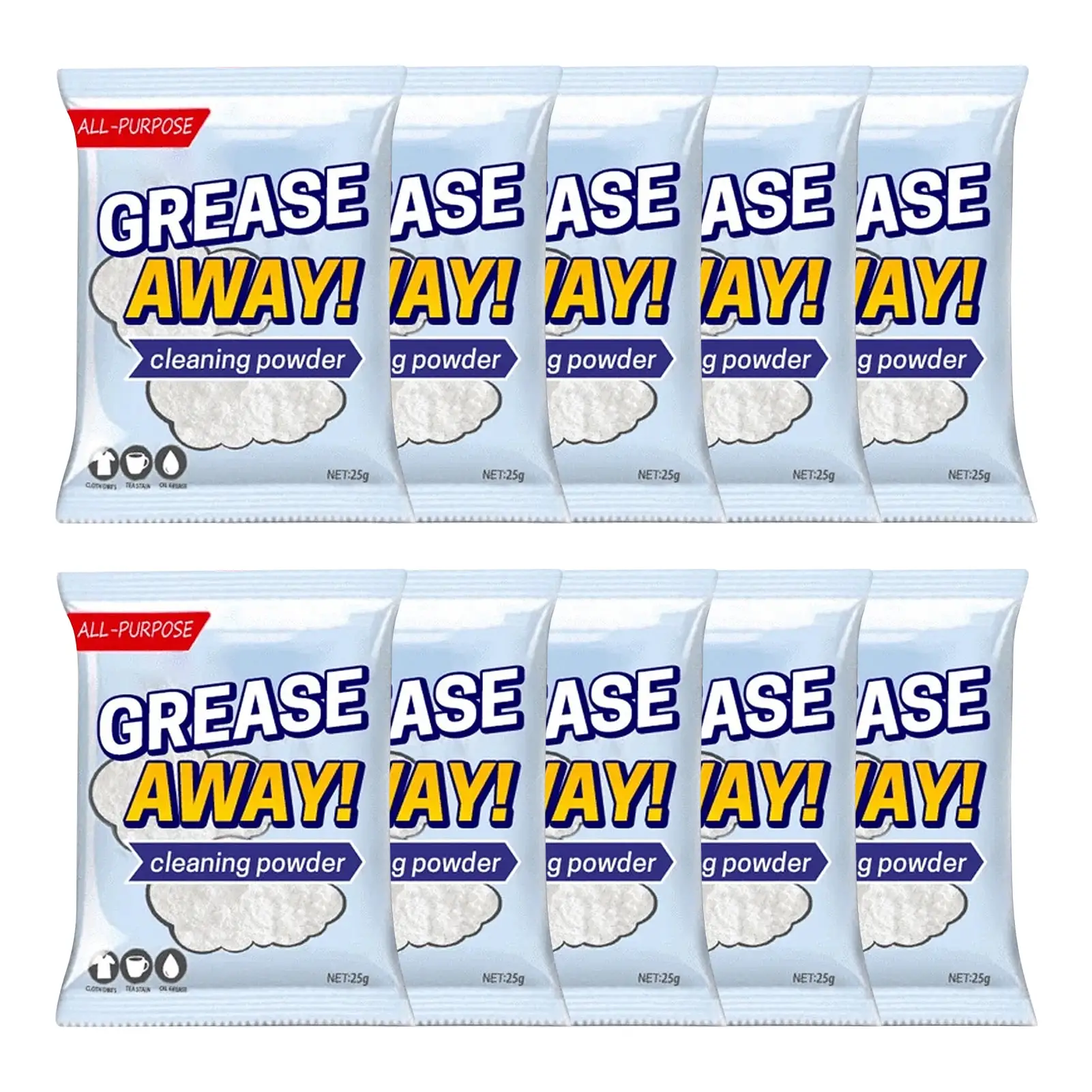 10 Packs GreaseAway Cleaning Powder No Damage Stain Remover Degreaser Dirt And Stubborn Stains Kitchen Powder Cleaner