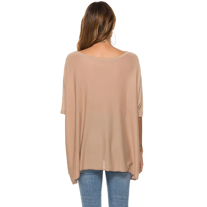 European American Sexy Off Shoulder Bat Sleeve Ice Silk Sweater Top Women's Thin Loose Solid Color Pullover Crew Neck Sweater