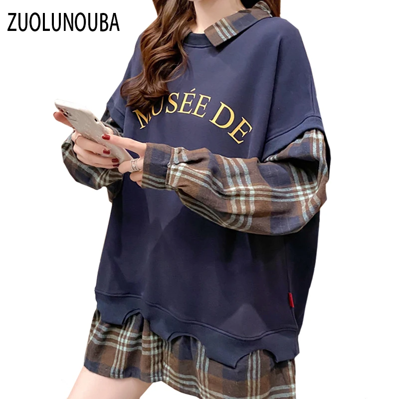 2020 Autumn New Korean Version Loose Fashion Casual Plaid Fake Two-piece Women Sweatshirt Letter Printing Lapel Female Pullover