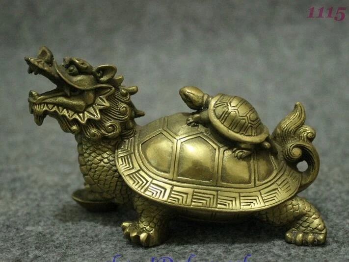 

Folk Chinese Brass Copper Longevity tortoise On Dragon Turtle Statue Figurine