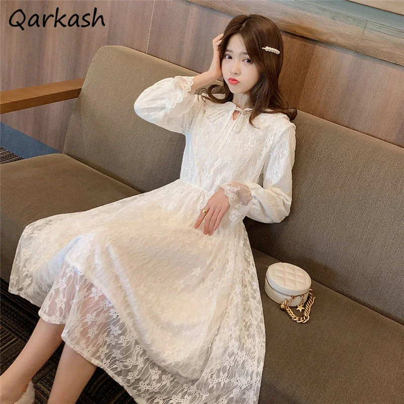 

Long Sleeve Dress Women Plus Velvet Autumn Tender White Simple Elegant Holiday Classic Popular Fashion Ulzzang Stylish Daily New