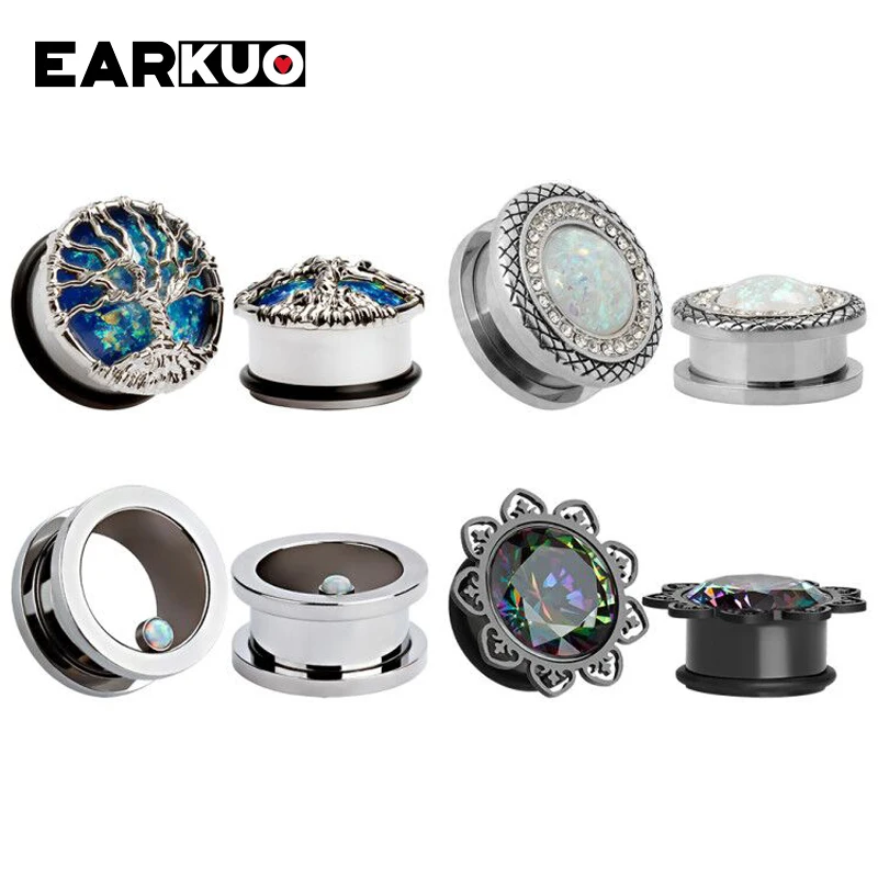 EARKUO Best Selling Flower Zircon Crystal Stainless Steel Ear Plugs Stretchers Gauges Piercing Body Jewelry Ear Expanders 2PCS