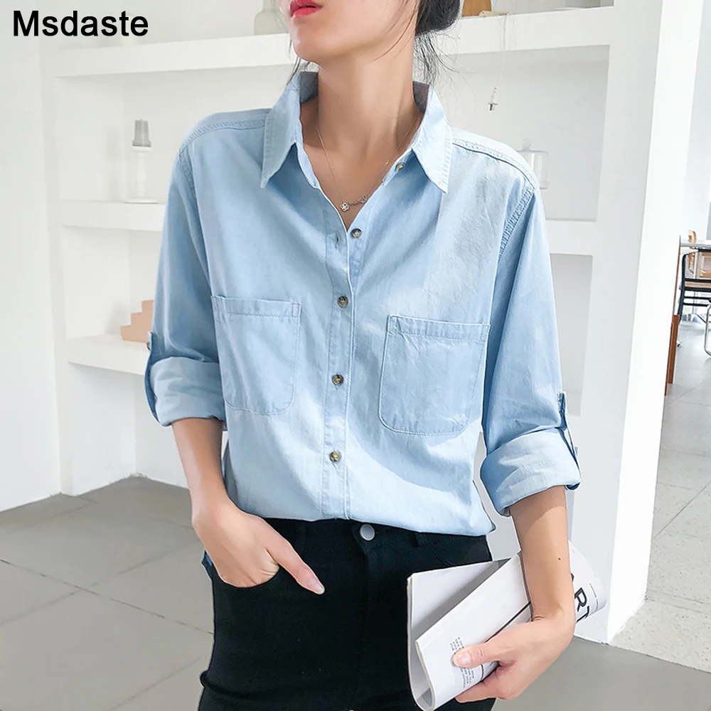 Denim Shirt For Women Spring Autumn Streetwear New Thin Trend Female Jeans Blouses Tops Brief Solid Long Sleeve Casual Shirts