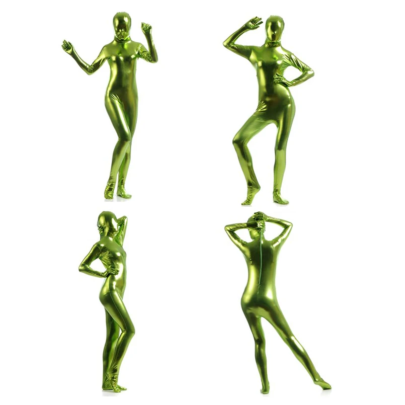 Kostenloser Versand Bodysuit Metallic Zentai Anzug glänzend Gras grün Frauen Unitard Cat suits Metallic Fuß Reiß verschluss Zentai Bodysuit