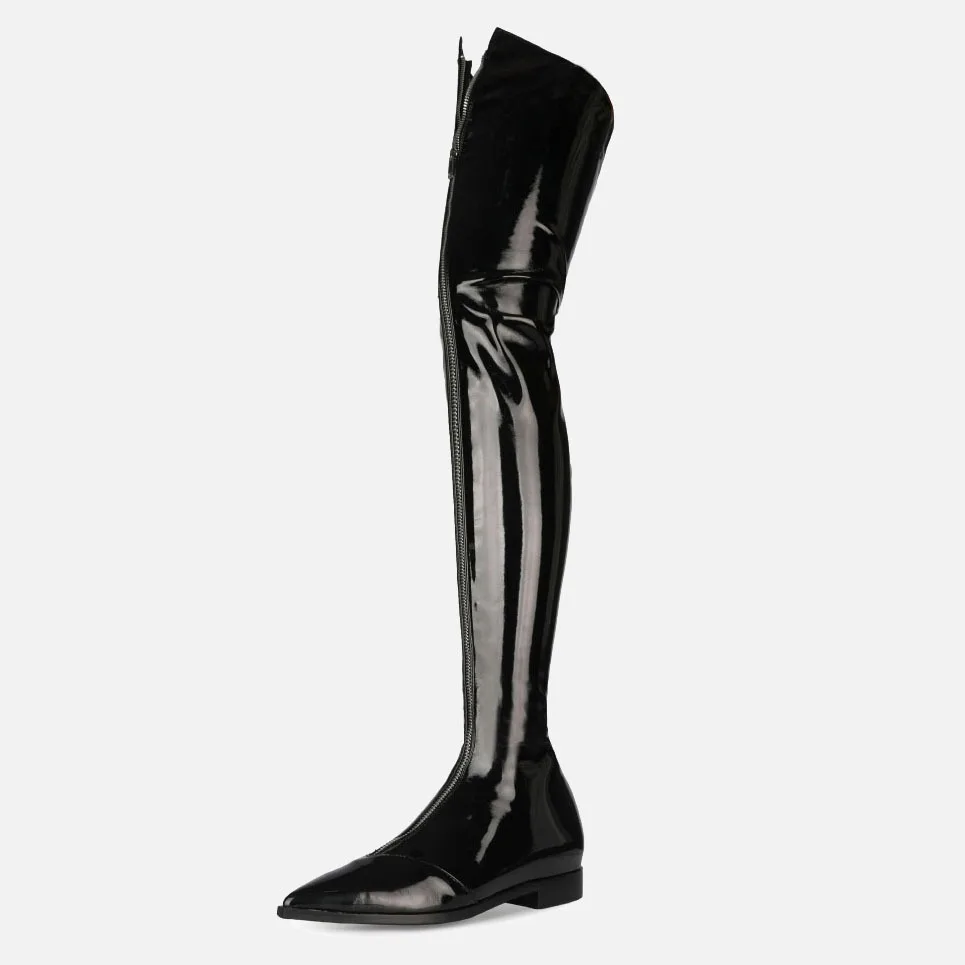 

Fashion Pointed Toe Stretch Patent Leather Thigh High Boots Women Zipper Sexy Knight Boots Flat Heels Women Stage Boots