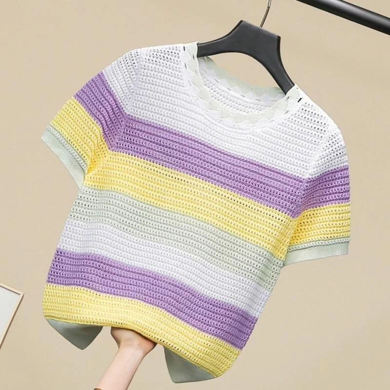 

Summer New Fashion Mixed Colors Striped T Shirt Women Casual Tees Tops O Neck Pullovers Short Sleeve Hollow Out Knitted T Shirts