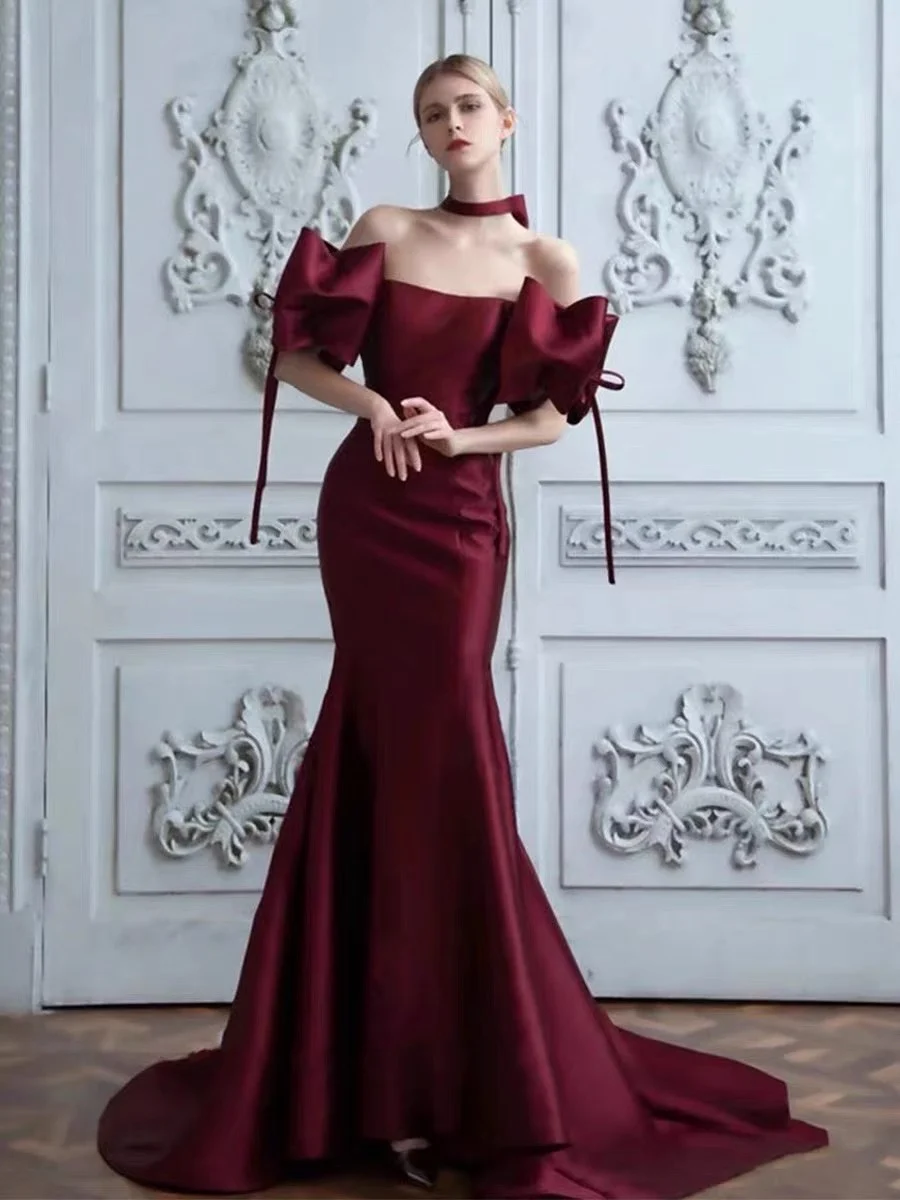 Burgundy Prom Dresses Mermaid Sexy Backless Off Shoulder Boat Neck Bow Wedding Banquet Party Cocktail Evening Dresses With Train