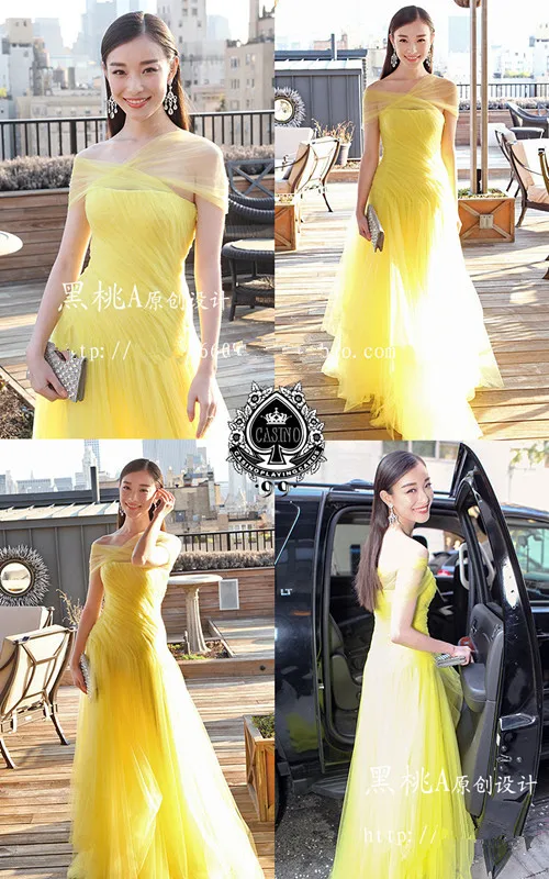 cap sleeve yellow tulle long a-line 2020 new платья знаменитостей prom gown Formal vestido de festa longo Celebrity Dresses