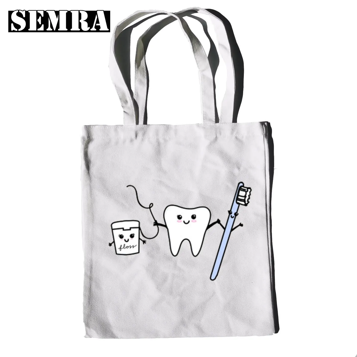 Tooth and Dentist Graphic Aesthetic Funny Fashion Black Canvas Print Shopping Bags Girls Fashion Life Casual Pacakge Hand Bag