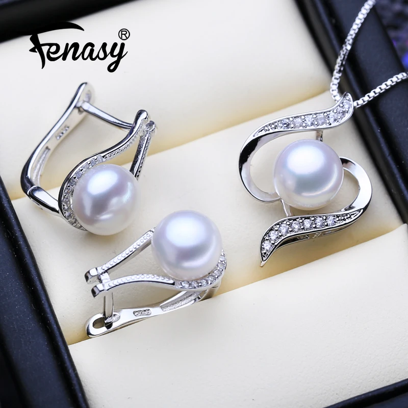 FENASY 925 Sterling Silver Jewelry Sets Natural Pearl Clip Earrings Custom Bohemian Pendant Chain Necklace For Women Ring Set