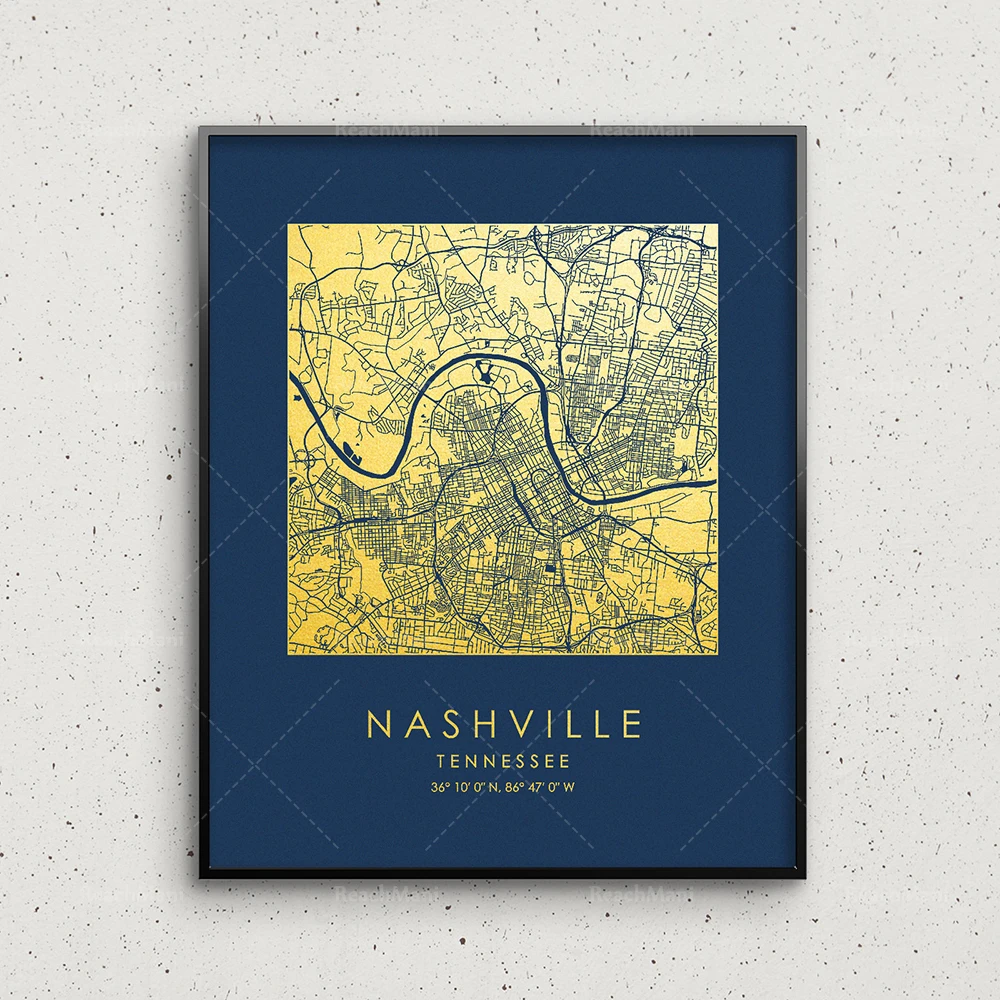 Nashville map printing, gold and silver Nashville square map, Nashville wall decoration, Nashville street map, map gift creative