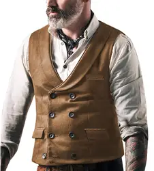 Mens Suit Brown Vest Lapel Neck Wool Waistcoat Casual Formal Double-breasted Business Slim Fit Vest Groomman For Wedding