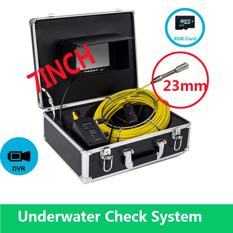 

20m Cable 23mm/17mm/6.5mm Pipe Drain Sewer Inspection Waterproof Video Camera System 7inch LCD 8GB SD Card With DVR Recorder