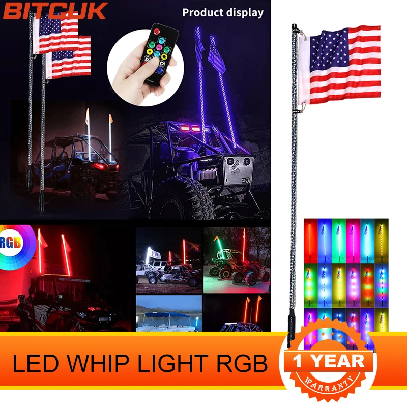 

3/4/5FT LED Whip Light RGB Bendable Remote Control Multi-Color Flagpole Lamp For Off-Road Vehicles ATV UTV RZR Antenna Lights