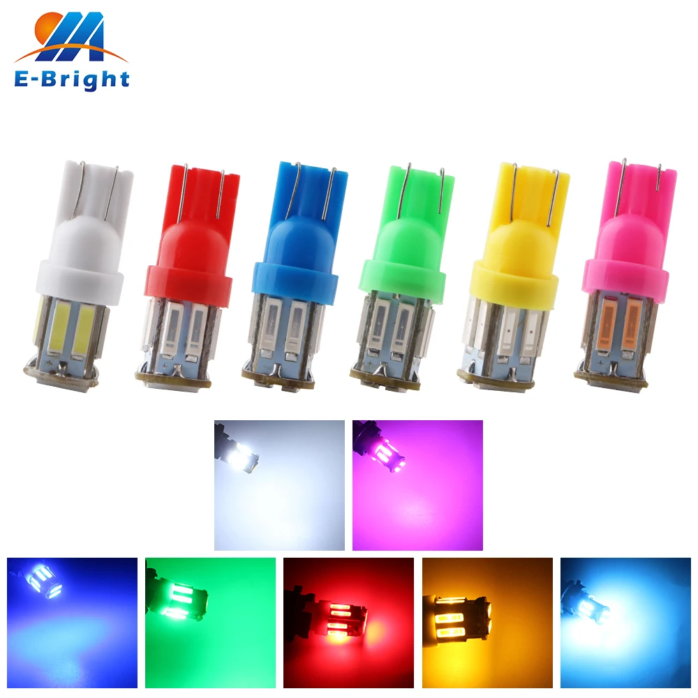 100pcs DC 12V W5W 194 T10 7014 10 SMD LED Bulbs Car Door Luggage Reading Clearance Indicator Lights White Red Blue Green Pink