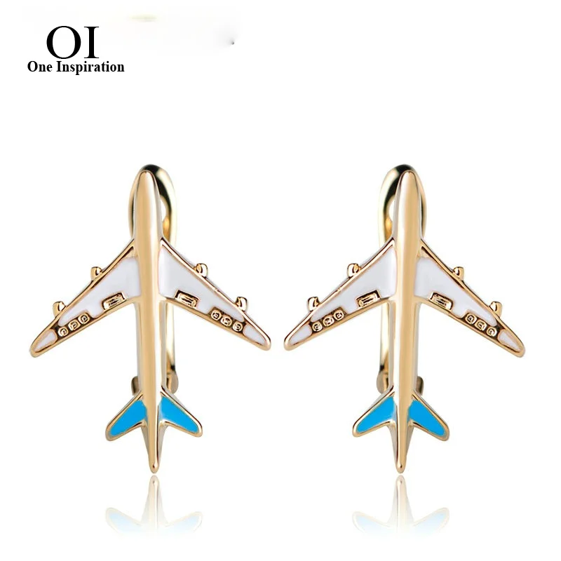 OI Enamel Airplane Stud Earrings For Women Gold Color D Hooks Aircraft Plane Model Copper Earring Ear Piercing Bijoux