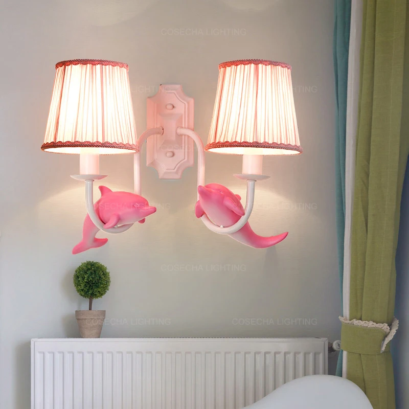 

Pink wall lights with fabric shade for kids room cute blue wall lamps for babys room decorative dolphin animal wall sconce lamps