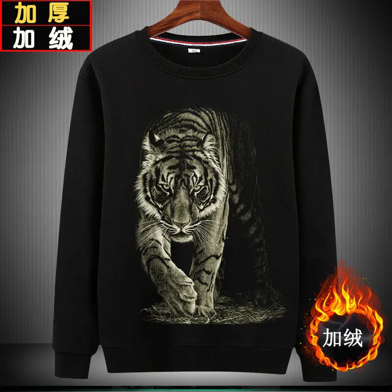 Autumn and winter men's clothing plus velvet padded round neck top 3D animal tiger print long-sleeved plus size fat clothes