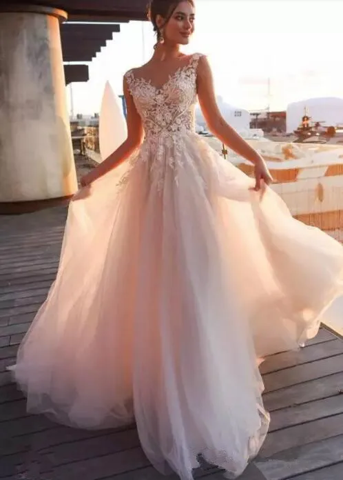 Vestidos de novia acampanados, manga corta, cuello transparente, ilusión, botón en la espalda, Apliques de encaje, vestidos de novia, vestido de boda de playa 2020